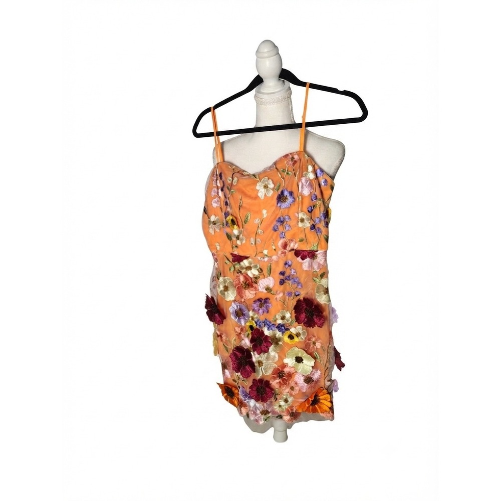 Flying Tomato Orange 3D Floral Applique Mesh Mini Dress ID20270 Womens Medium
